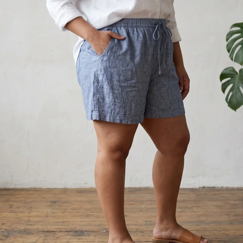Tahari Shorts Womens Plus Size 1X‎ Blue 100% Linen Drawstring Coastal Summer